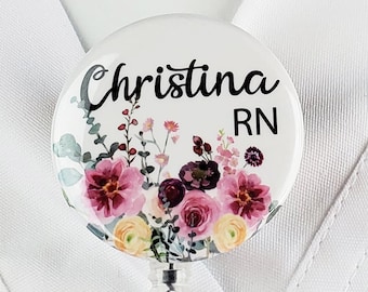 Personalized Badge Reel, Custom Nurse Retractable Badge Holder Flowers Nurse ID Lanyard Badge Clip Rn Id Badge Staff Gift Stethoscope ID 701