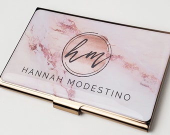 Personalized Business Card Case Pink Marble Business Card Holder Metal Credit Card Holder Gift for her Rose Gold Business Accessory E71