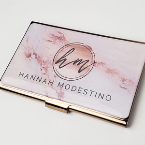 Personalized Business Card Case Pink Marble Business Card Holder Metal Credit Card Holder Gift for her Rose Gold Business Accessory E71 image 1