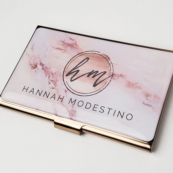 Personalized Business Card Case Pink Marble Business Card Holder Metal Credit Card Holder Gift for her Rose Gold Business Accessory E71