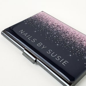 Porte-cartes de visite personnalisé, rose pailleté, porte-cartes de visite, porte-cartes de crédit en métal, cadeau personnalisé pour femme, cadeau pour son personnel, E110