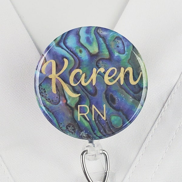 Personalized Badge Reel, Custom Nurse Retractable Badge Holder Abalone Nurse ID Lanyard Badge Clip Rn Id Badge Staff Gift Stethoscope 794