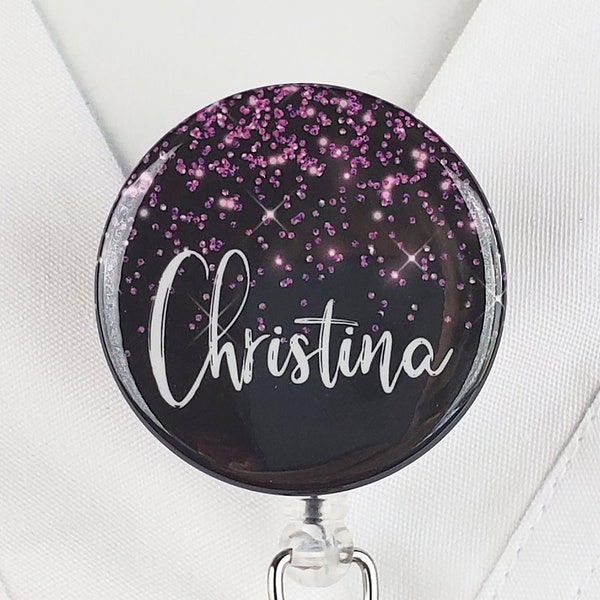 Personalized Badge Reel Custom Nurse Retractable Badge Holder Purple Glitter Nurse Lanyard Badge Clip Rn Badge Staff Gift Stethoscope ID 717