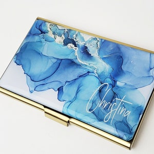 Custom Business Card Holder, Blue Gold Card Case Gift for her, Professional Slim Wallet Gold Business Card Gift, Artist Stylist Realtor E193