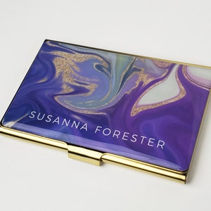 Porte-cartes de visite personnalisé, monogramme violet aquarelle porte-cartes de visite pour elle, porte-cartes de crédit moderne, cadeaux pour femme E121