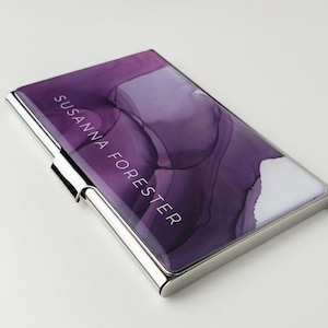 Porte-cartes de visite personnalisé, aquarelle monogramme violet porte-cartes de visite pour médecin, porte-cartes de crédit pour elle, cadeaux pour femme E123