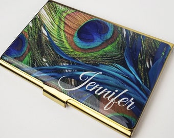 Personalized Business Card Holder, Custom Peacock Feather Card Case, Metal Credit Card Holder, Personalized Gift, Custom Coworker gift E26