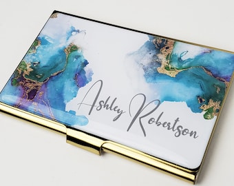 Personalized Business Card Case Watercolor Artist Business Card Holder for Her Coworker Gift Credit Card Holder Modern Gifts for Woman E127