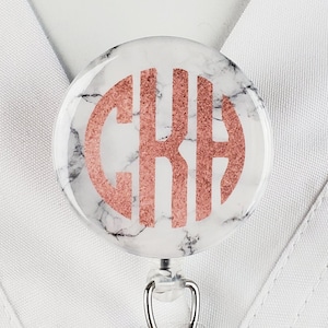 Monogram Badge Reel, Rose Gold Nurse Retractable Badge Holder Pink Marble Nurse ID Lanyard Badge Clip Rn Id Badge Stethoscope ID Tag 723