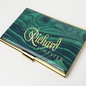 Estuche para tarjetas de visita personalizado, tarjetero verde retro, tarjetero de acero inoxidable, regalo para él, regalo de graduación personalizado E158