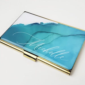 Porte-cartes de visite personnalisé, porte-cartes de visite aquarelle bleu sarcelle monogramme pour elle, porte-cartes de crédit moderne, cadeaux pour femme E148
