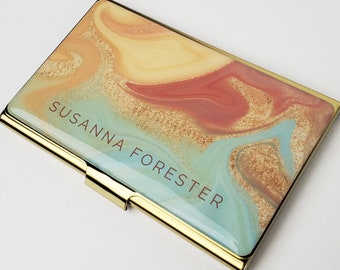 Personalized Business Card Case, Monogram Sea Foam Watercolor Business Card Holder for Her Credit Modern Card Holder Gifts for Woman E122