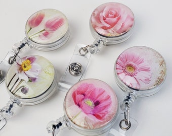Badge Reel, Flower Badge Holder, Pink Floral ID Badge Reel Clips, Poppy Nurse Badge ID Badge Nursing Student Gift for her Stethoscope ID 769
