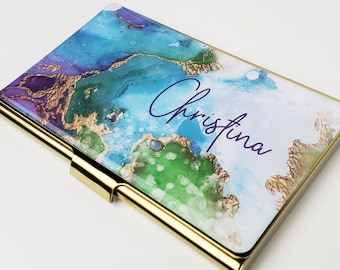 Personalized Business Card Case Watercolor Realtor Business Card Holder for Her Coworker Gift Credit Card Holder Modern Gifts for Woman E128
