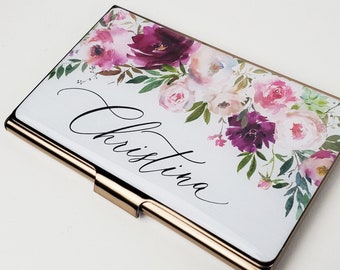 Personalized Business Card Case Pink Purple Flowers Business Card Holder Metal Credit Card Holder Floral Gift for Women Her Staff Gifts E156