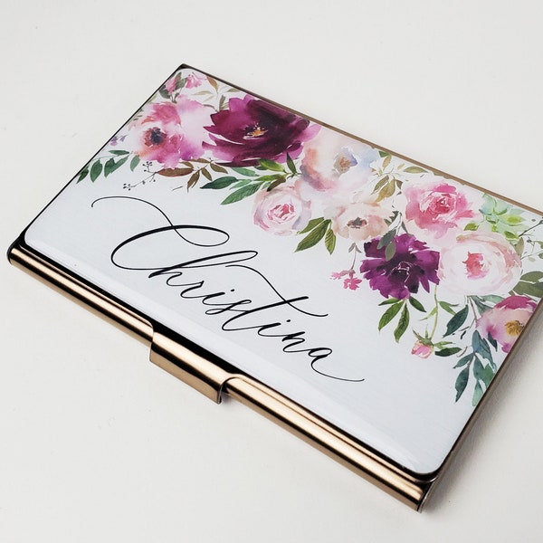 Personalized Business Card Case Pink Purple Flowers Business Card Holder Metal Credit Card Holder Floral Gift for Women Her Staff Gifts E156