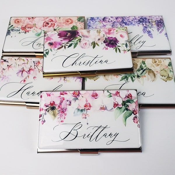 Personalized Business Card Case, Flower Business Card Holder, Metal Credit Card Holder Floral Gift for Women Her Staff Gifts Realtor E156B