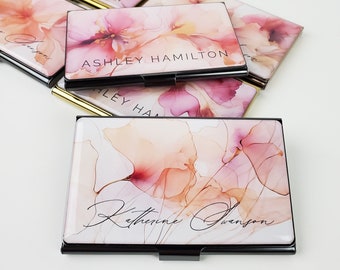 Personalized Business Card Case Pink Feminine Floral Business Card Holder Metal Credit Card Holder Customized Gift for Her Staff Gifts E219