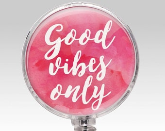 Good Vibes Badge Reel Retractable Badge Holder, Pink Good Vibes Only Badge Clip, Rn Id Badge Stethoscope ID Tag, Nursing Student Gift 494
