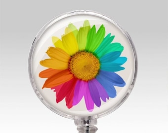 Retractable ID Badge Holder - Flower Nurse Name Badge Holder - LGBT Pride Rainbow Flower ID Badge Holder - Healthcare Name Badge Clips 232