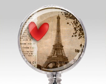 Retractable Badge Holder - Vintage Eiffel Tower - Paris France - Red Heart - ID Badge Reel Clips - Nurse Badge - ID Badges - Teacher RN 216