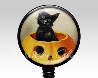 Custom Halloween Retractable ID Badge Holder, Name Badge Reel Clips Nurse Badge, Spooky Cute Black Cat Pumpkin RN Badge Student Gift Idea 35