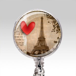 Retractable Badge Holder Vintage Eiffel Tower Paris France Red Heart ID Badge Reel Clips Nurse Badge ID Badges Teacher RN 216 image 1