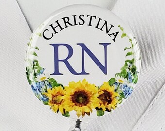 Personalized Badge Reel, Sunflower Nurse Retractable Badge Holder Custom Nurse ID COTA Rn Lpn Dr Cna Badge Clip Rn Id Badge Staff Gift 774