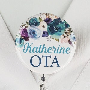 Personalized Badge Reel, Custom Nurse Retractable Badge Holder Blue Flowers Nurse ID COTA Rn Lpn Cna Badge Clip Rn Id Badge Staff Gift 772