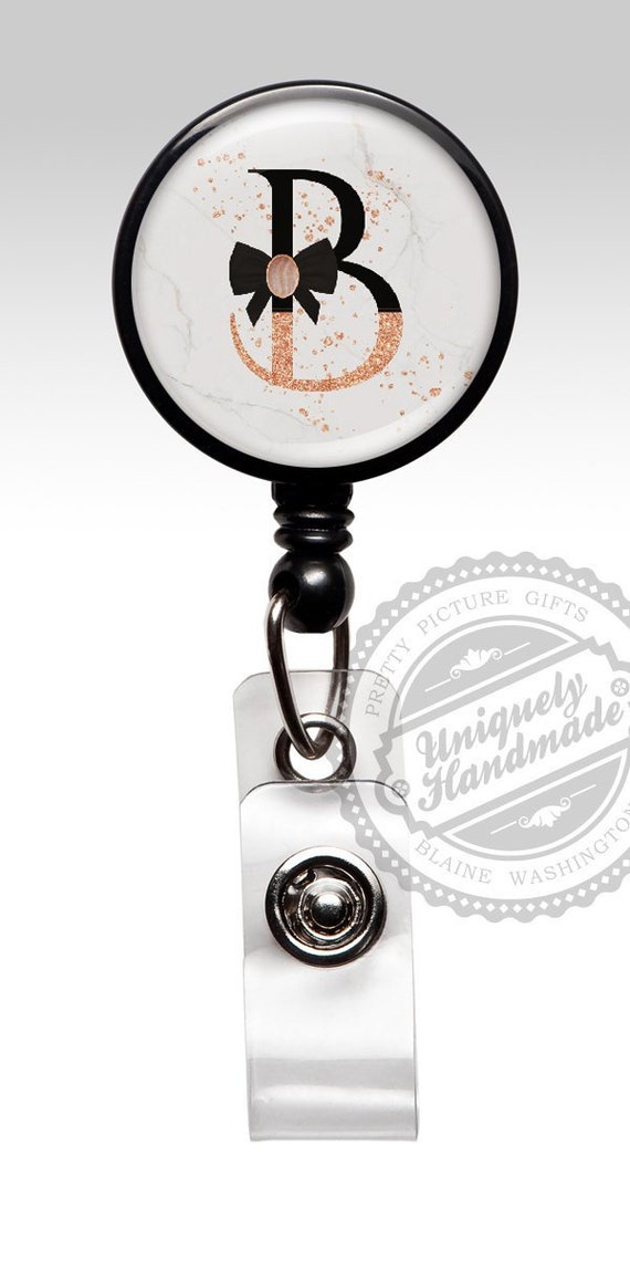 Monogram Badge Reel, Rose Gold Name Badge Holder Retractable