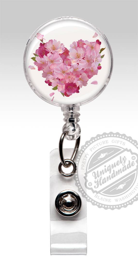 Flower Badge Reel Heart Retractable ID Badge Holder, Pink Floral