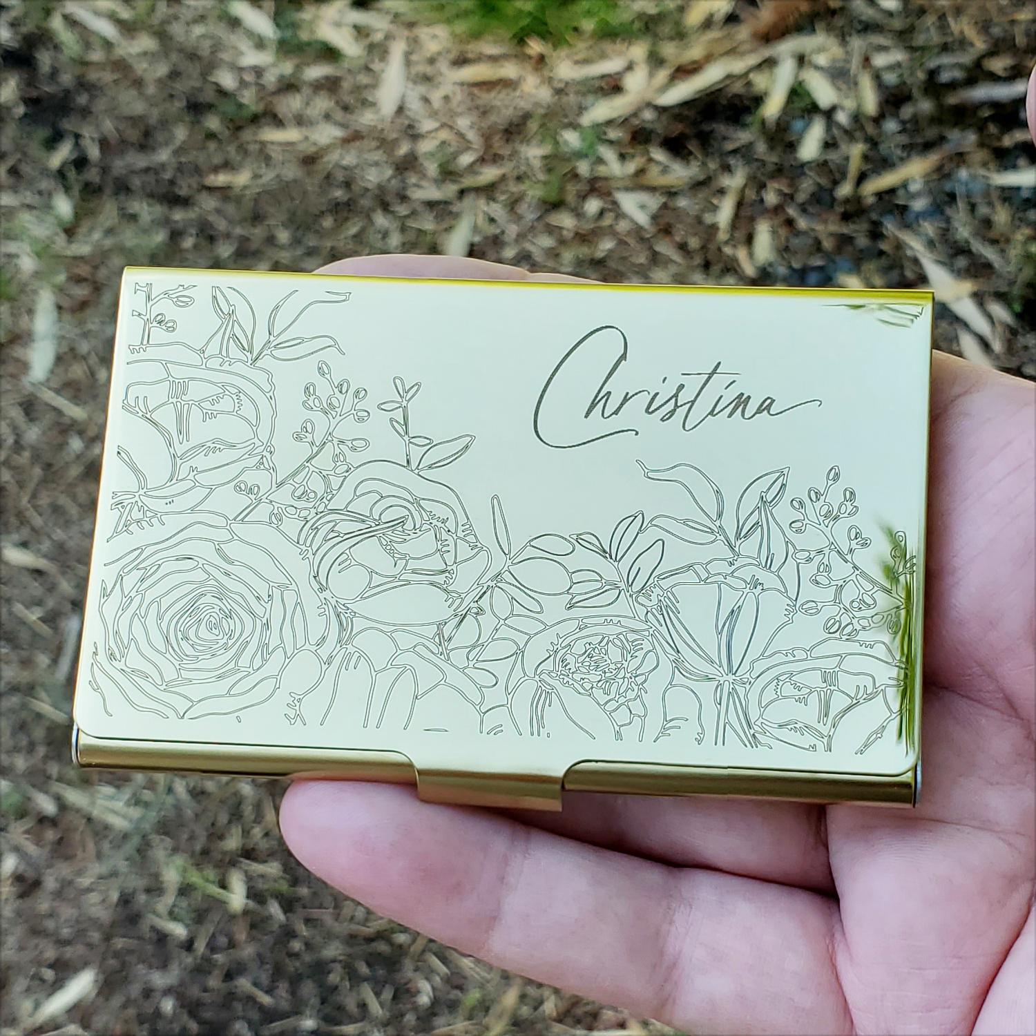Personalized Gold Metal Card Case Wallet, Custom Business Card Holder, Floral Gift for her, Coworker Staff, New Job Gift Slim Wallet SS14