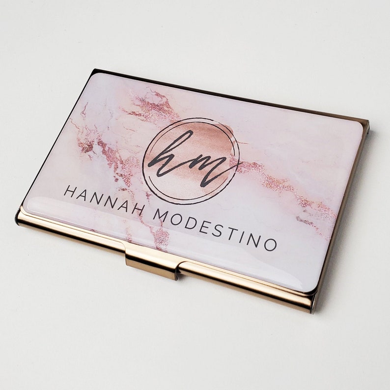 Personalized Business Card Case Pink Marble Business Card Holder Metal Credit Card Holder Gift for her Rose Gold Business Accessory E71 image 1