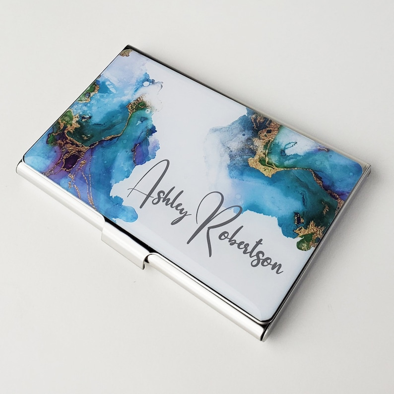 Personalized Business Card Case Watercolor Artist Business Card Holder for Her Coworker Gift Credit Card Holder Modern Gifts for Woman E127 Stainless Steel