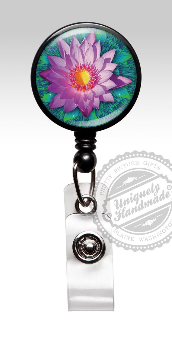 Badge Reel, Purple Lotus Flower Retractable Badge Holder, Badge
