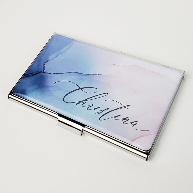 Personalized Business Card Case, Monogram Blue Pink Watercolor Business Card Holder for Her Credit Modern Card Holder Gifts for Woman E149 Stainless Steel