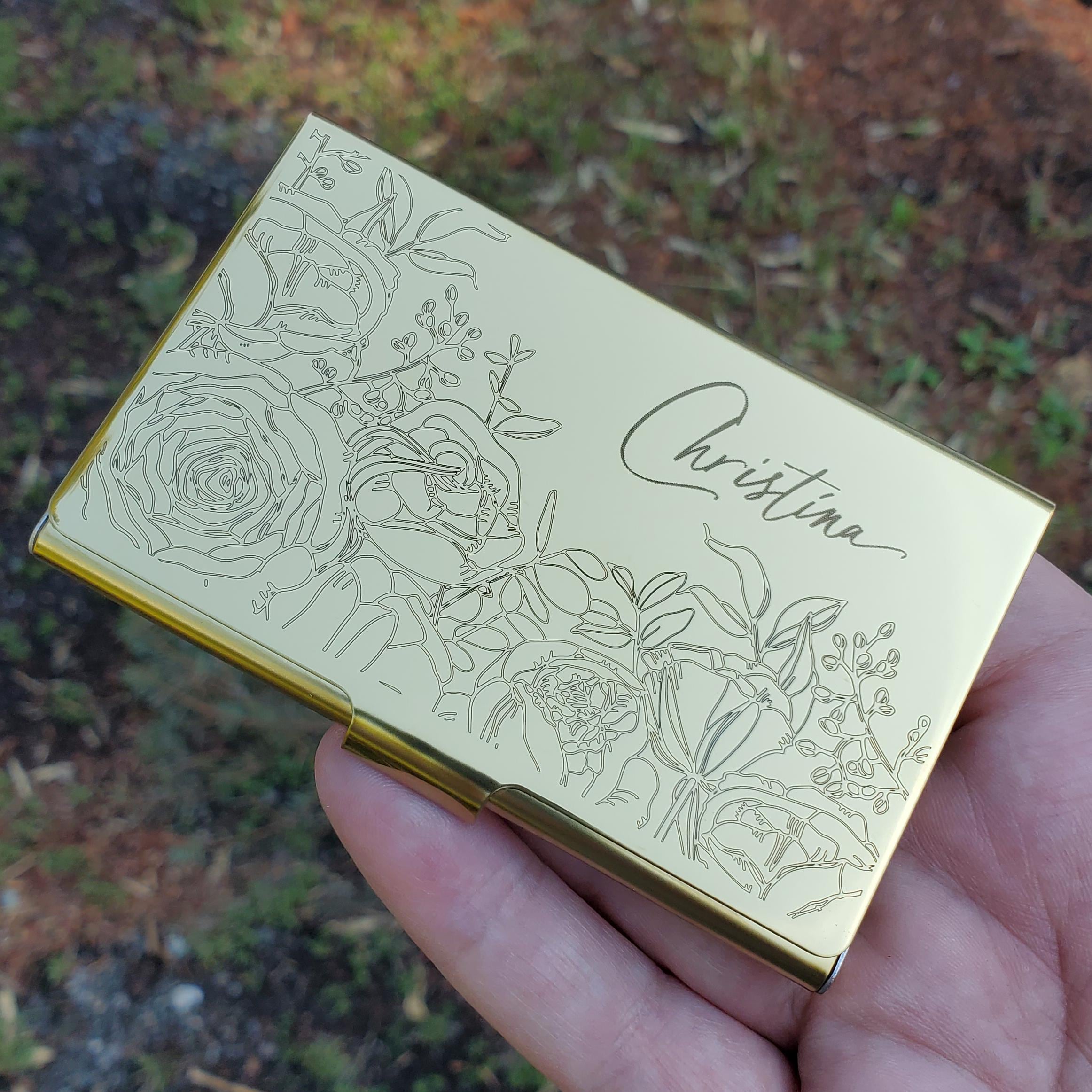Personalized Gold Metal Card Case Wallet, Custom Business Card Holder, Floral Gift for her, Coworker Staff, New Job Gift Slim Wallet SS14