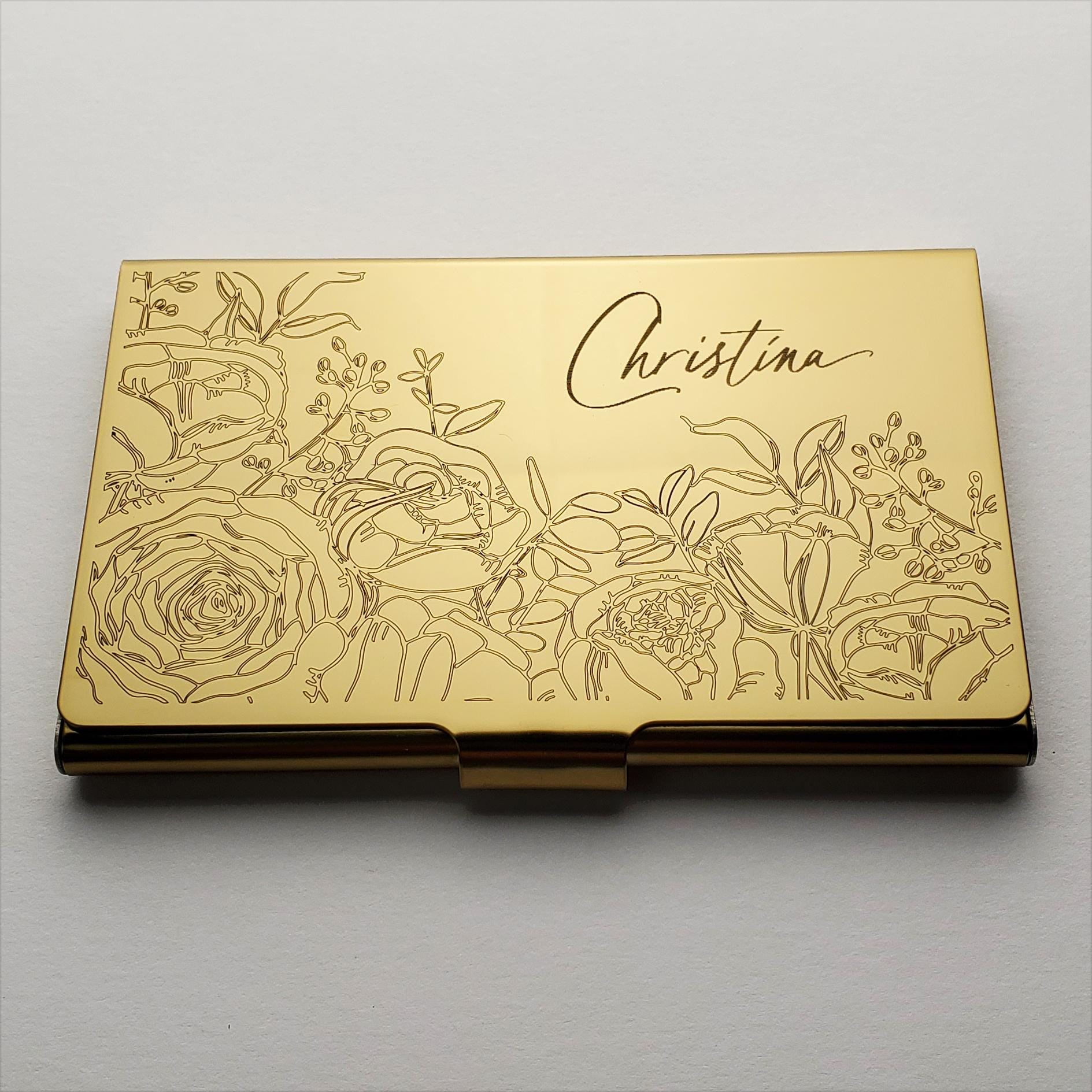 Personalized Gold Metal Card Case Wallet, Custom Business Card Holder, Floral Gift for her, Coworker Staff, New Job Gift Slim Wallet SS14