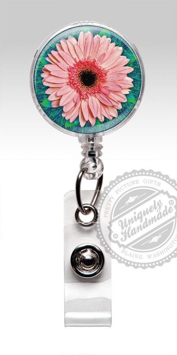 Badge Reel, Pink Flower Retractable Badge Holder, Gerbera Daisy