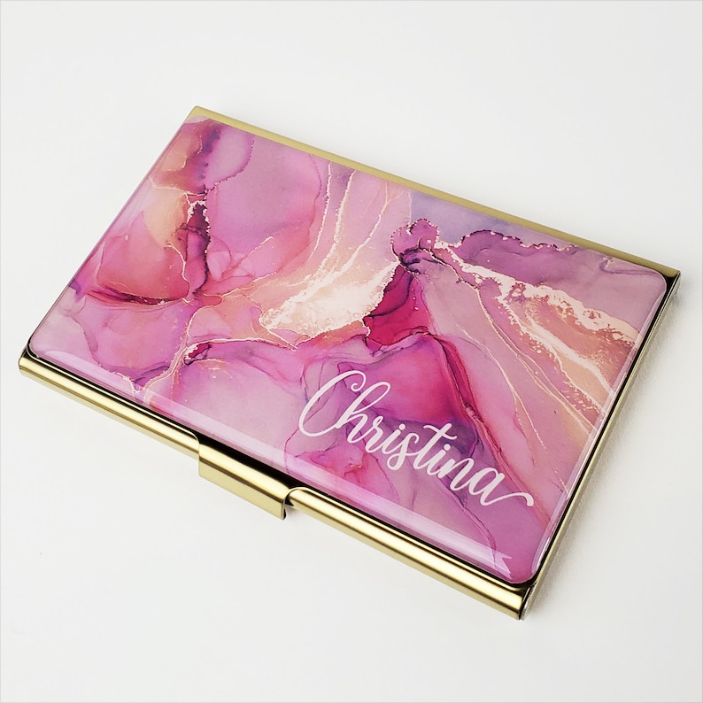 Custom Business Card Holder, Pink Rose Gold Card Case, Gift for her, Slim Wallet, Rose Gold Business Card Gift, New Job Gift Realtor E192 3. Fun Script