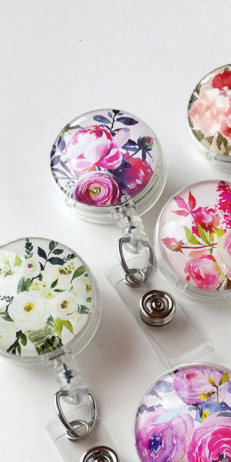 Badge Reel Pink Peony Flower retractable id badge holder Etsy