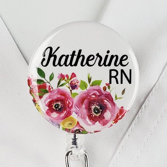 Personalized Badge Reel, Pink Flower Nurse Retractable Badge