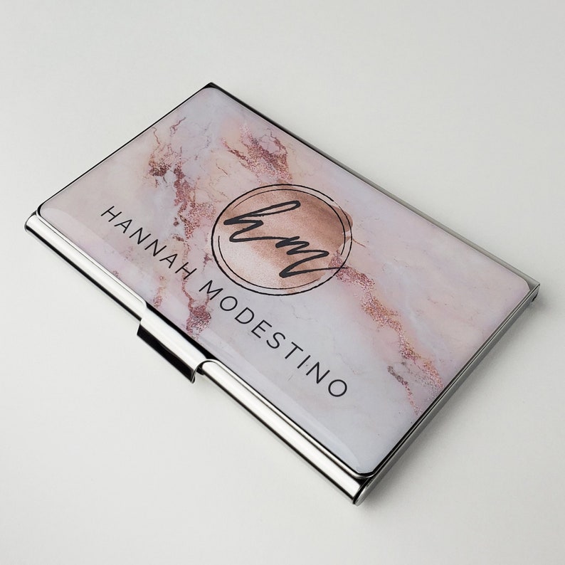 Personalized Business Card Case Pink Marble Business Card Holder Metal Credit Card Holder Gift for her Rose Gold Business Accessory E71 image 2