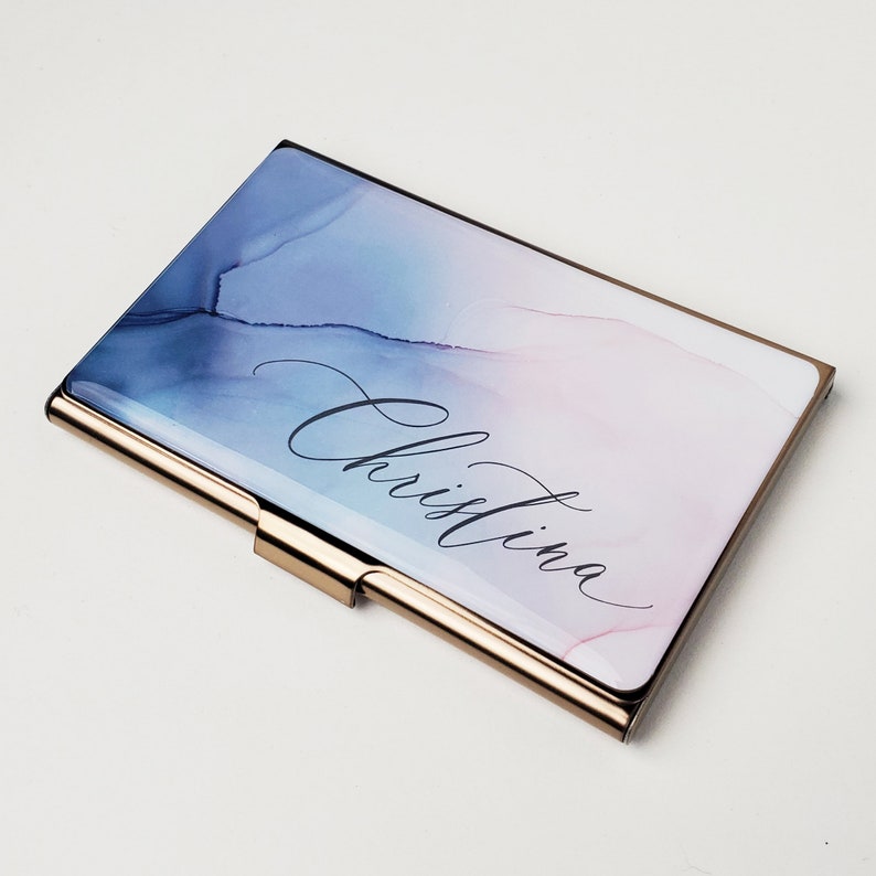 Personalized Business Card Case, Monogram Blue Pink Watercolor Business Card Holder for Her Credit Modern Card Holder Gifts for Woman E149 imagem 4