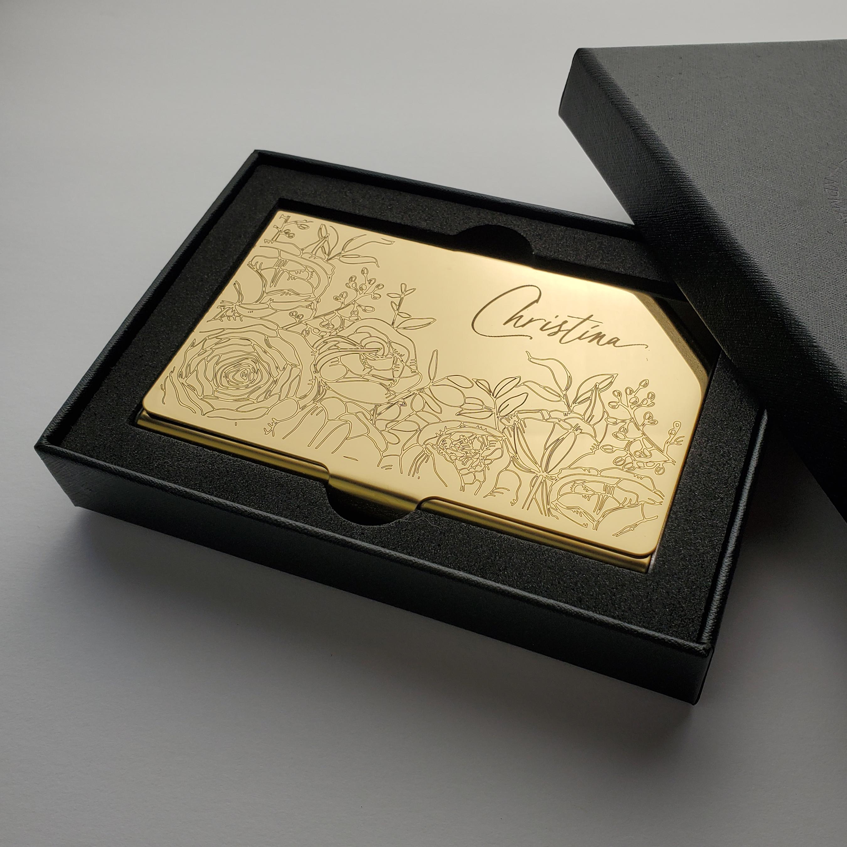 Personalized Gold Metal Card Case Wallet, Custom Business Card Holder, Floral Gift for her, Coworker Staff, New Job Gift Slim Wallet SS14