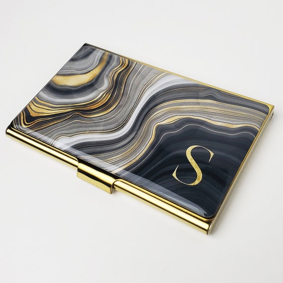 Personalized Business Card Case Gold Silver Black Geodes 