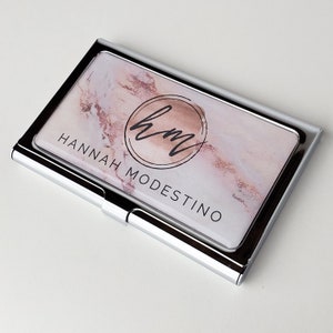 Personalized Business Card Case Pink Marble Business Card Holder Metal Credit Card Holder Gift for her Rose Gold Business Accessory E71 image 5