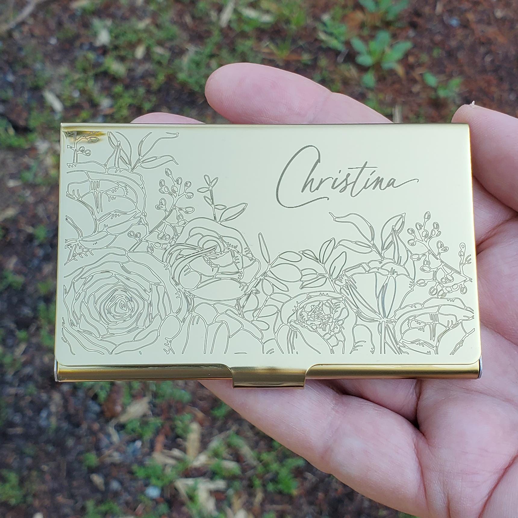 Personalized Gold Metal Card Case Wallet, Custom Business Card Holder, Floral Gift for her, Coworker Staff, New Job Gift Slim Wallet SS14