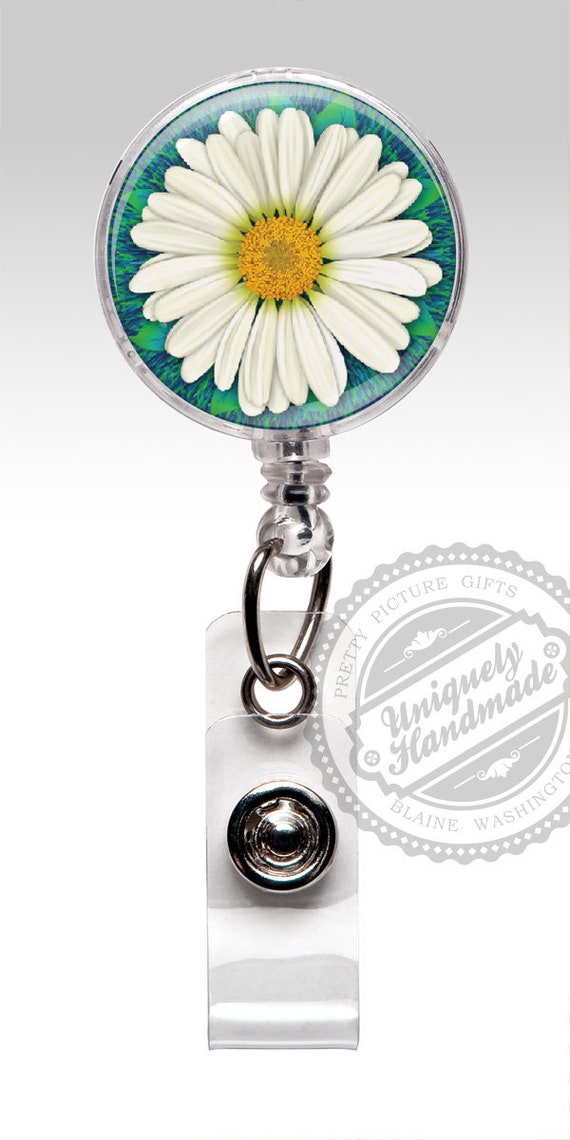 Badge Reel, Daisy Retractable Badge Holder, White Flower Badge
