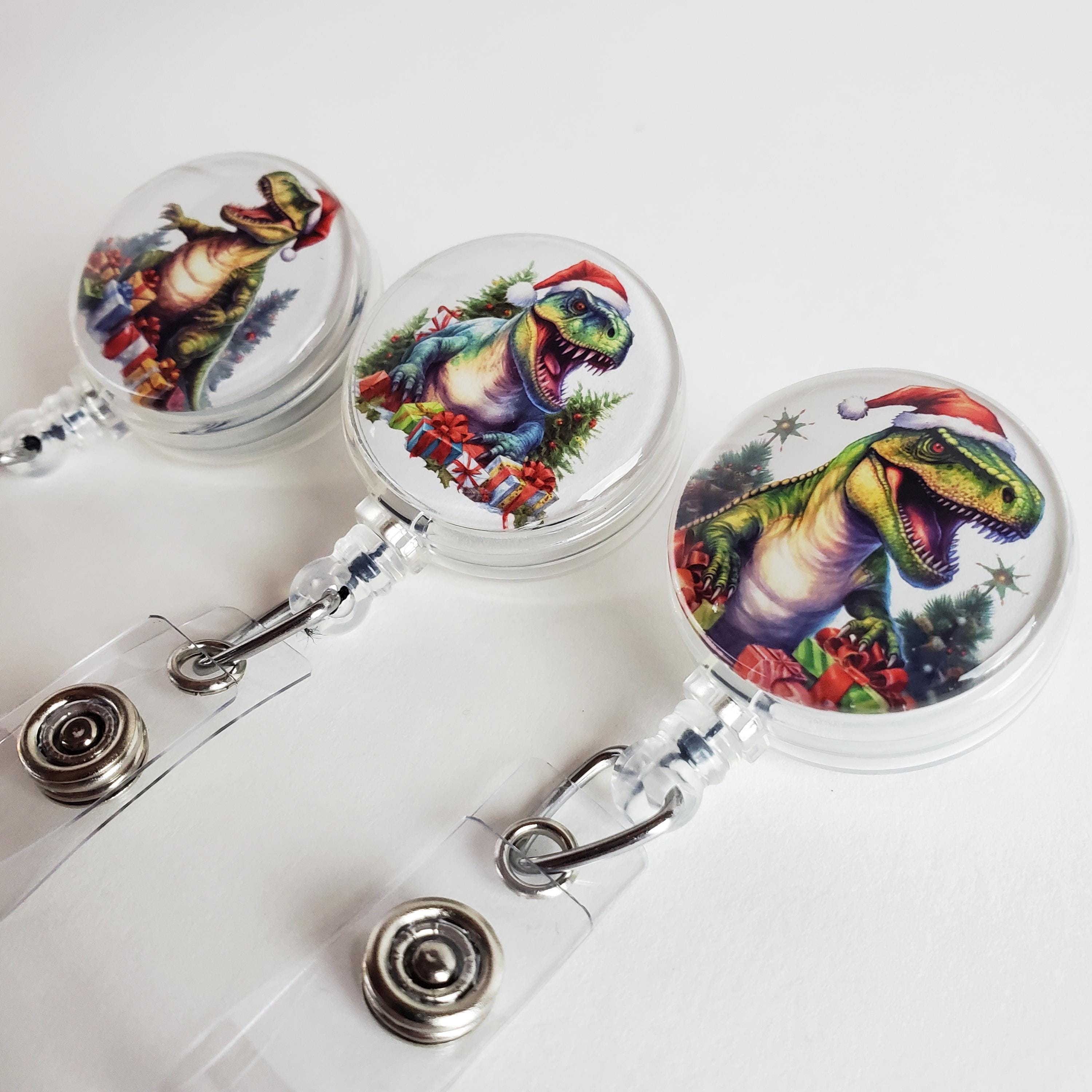 Cute Christmas Dinosaur Badge Reel - Retractable ID Holder For Nurses, Teachers, Office (X-Ray Dino With Hat)